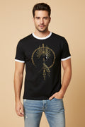 ZotRage black cotton ringer t-shirt with white ribbed neck and gold goddess graphic print