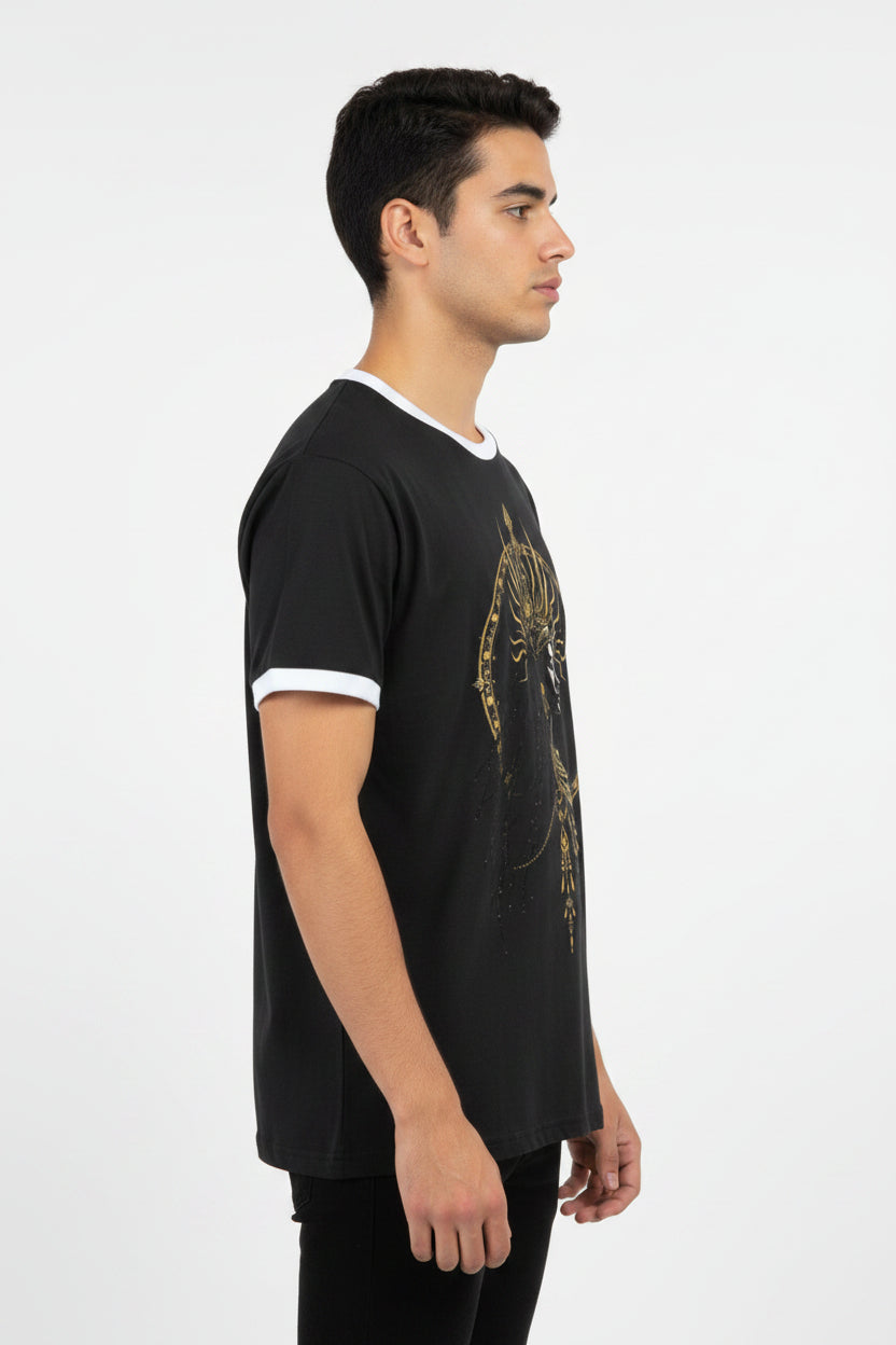 ZotRage black ringer t-shirt in 100% cotton featuring a gold goddess graphic print and white ribbed neck trim.