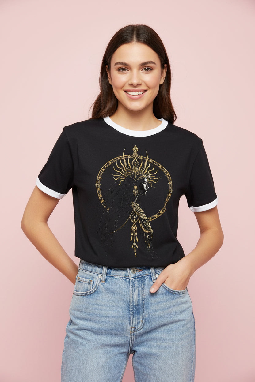 ZotRage black cotton ringer t-shirt featuring a gold goddess graphic print with a white ribbed neck and sleeve trim.