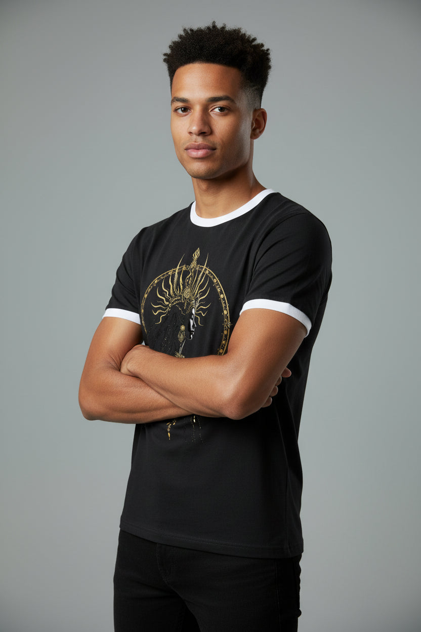 ZotRage black cotton ringer t-shirt featuring a gold goddess graphic print with a white ribbed neck and sleeve trim.
