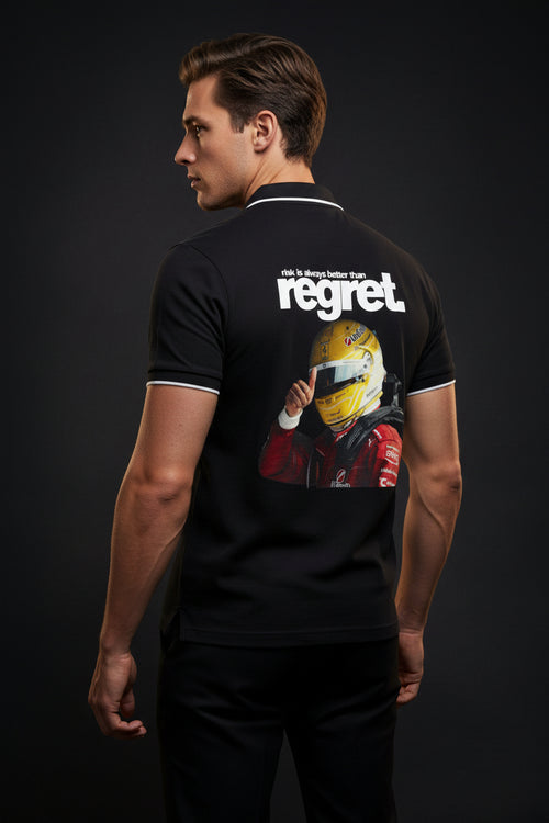 ZotRage black cotton polo shirt featuring a graphic print of a race car driver giving a thumbs up with text