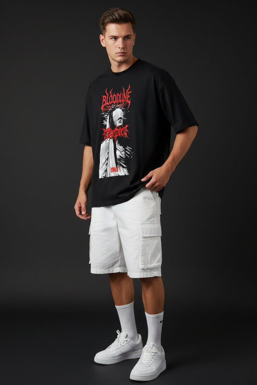 ZotRage black oversized cotton t-shirt with red Bloodline graphic print featuring a blindfolded statue design