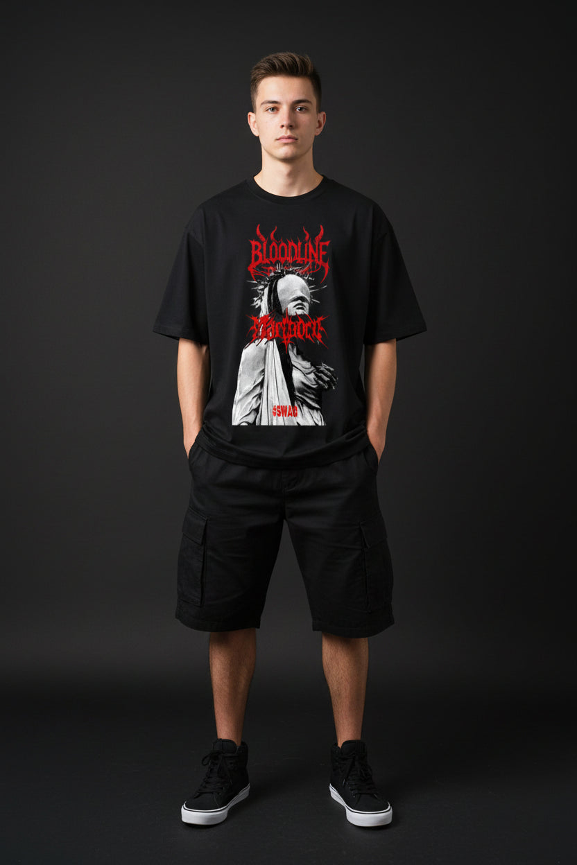 ZotRage black heavyweight cotton oversized t-shirt featuring a red graphic print of a blindfolded figure