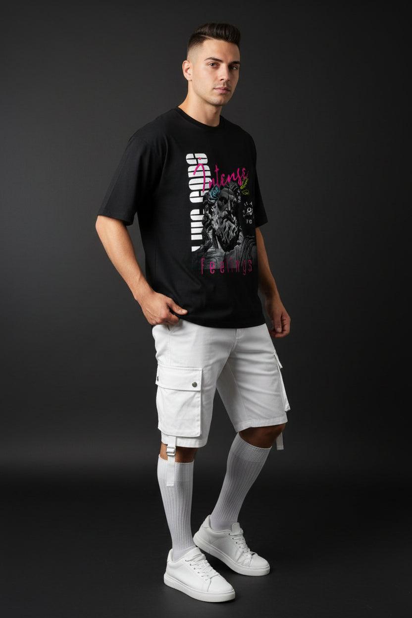 ZotRage black oversized cotton t-shirt featuring a graphic print of a classical statue with pink and white text.