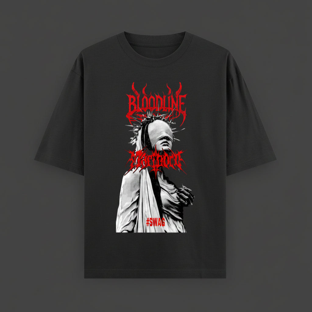 ZotRage black heavyweight cotton oversized t-shirt featuring a red graphic print of a blindfolded figure
