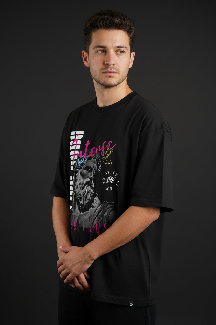 ZotRage black oversized cotton t-shirt featuring a graphic print of a classical statue with pink and white text