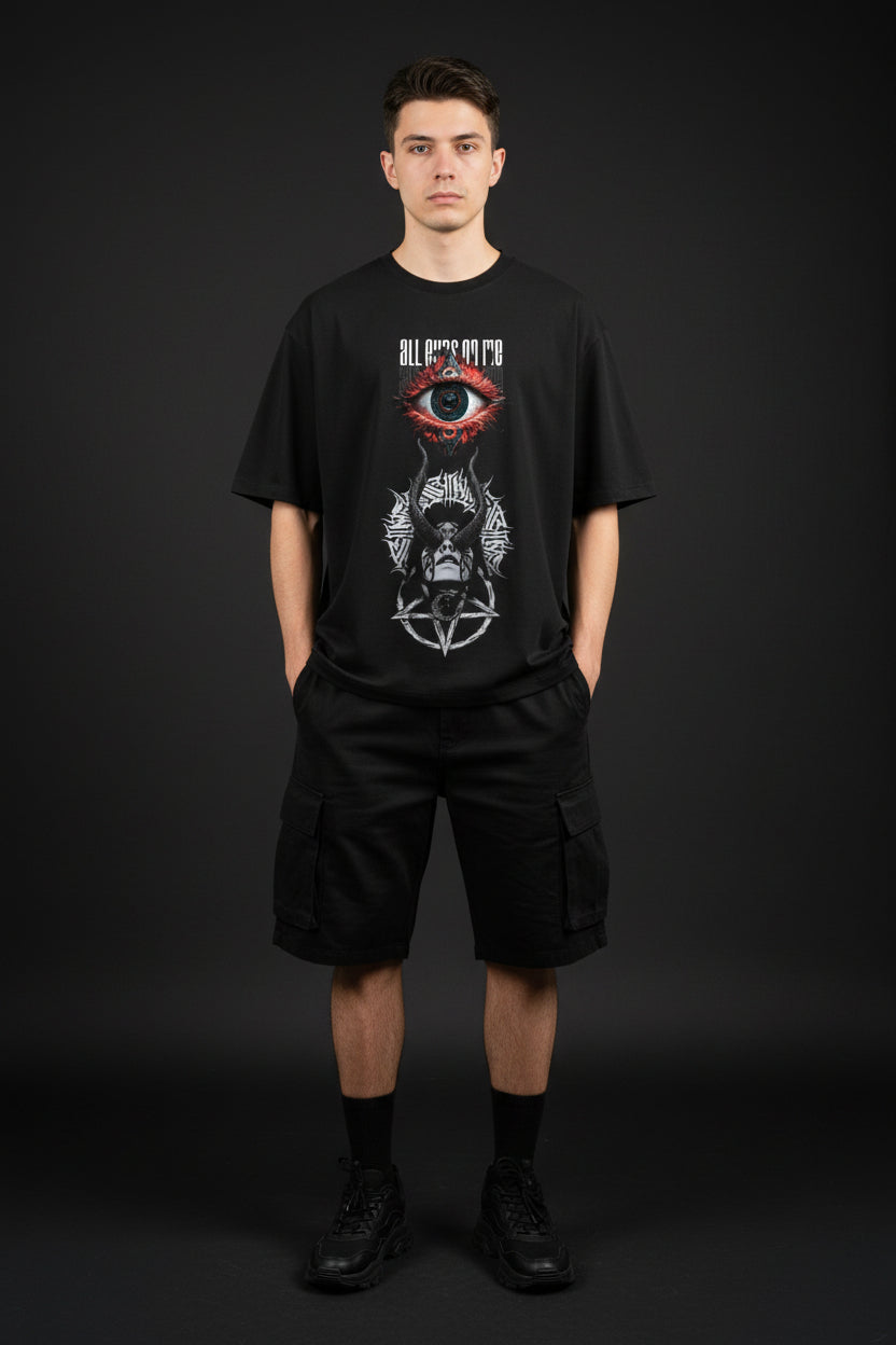 ZotRage black oversized t-shirt featuring a graphic print of a red eye and a horned figure with gothic text