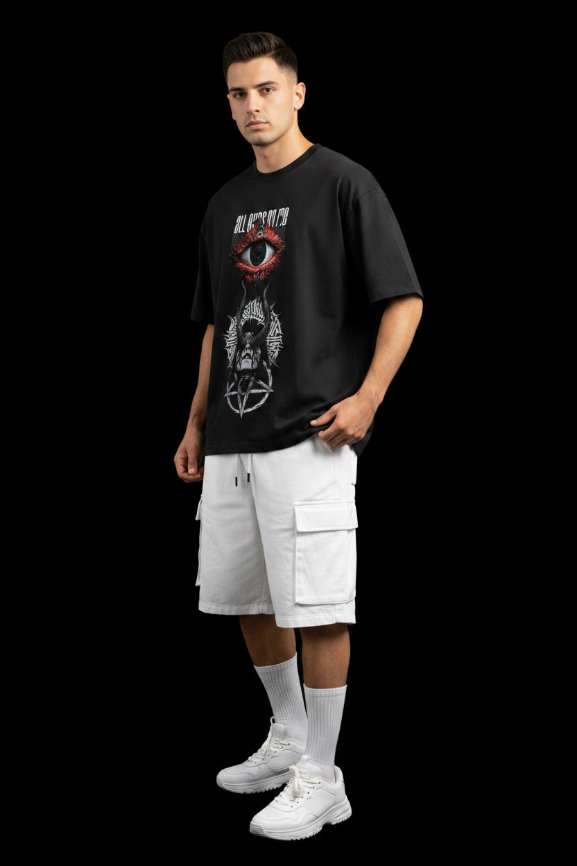 ZotRage black oversized t-shirt featuring a graphic print of a red eye and a horned figure with pentagram symbol