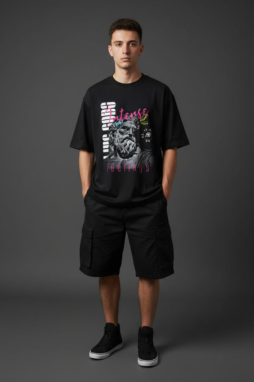 ZotRage black oversized cotton t-shirt featuring a graphic print of a classical statue with pink and white text.