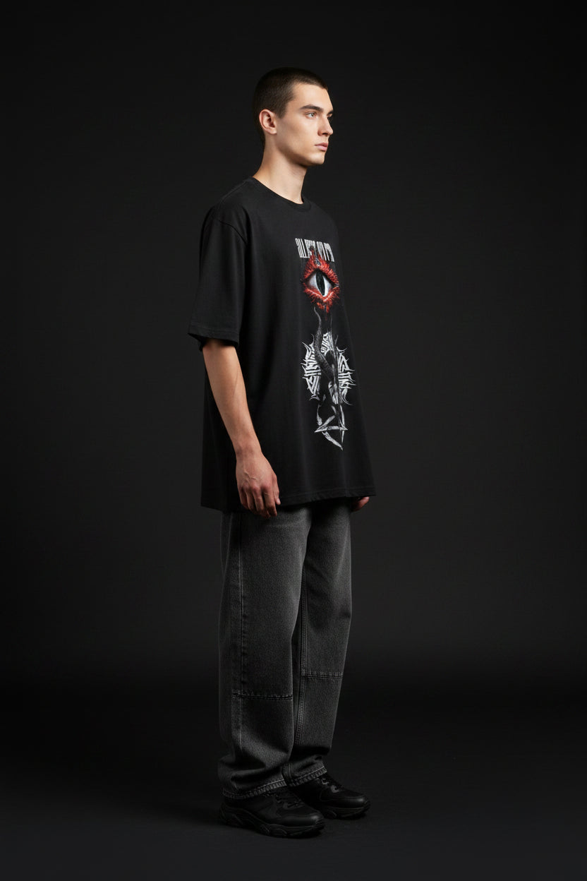 ZotRage black oversized t-shirt featuring a red eye graphic and gothic horned figure print on the front