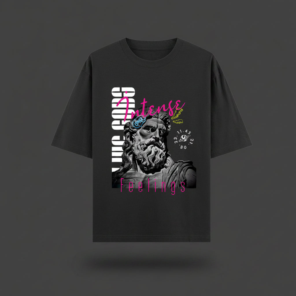 ZotRage black oversized cotton t-shirt featuring a graphic print of a classical statue with pink and white text.