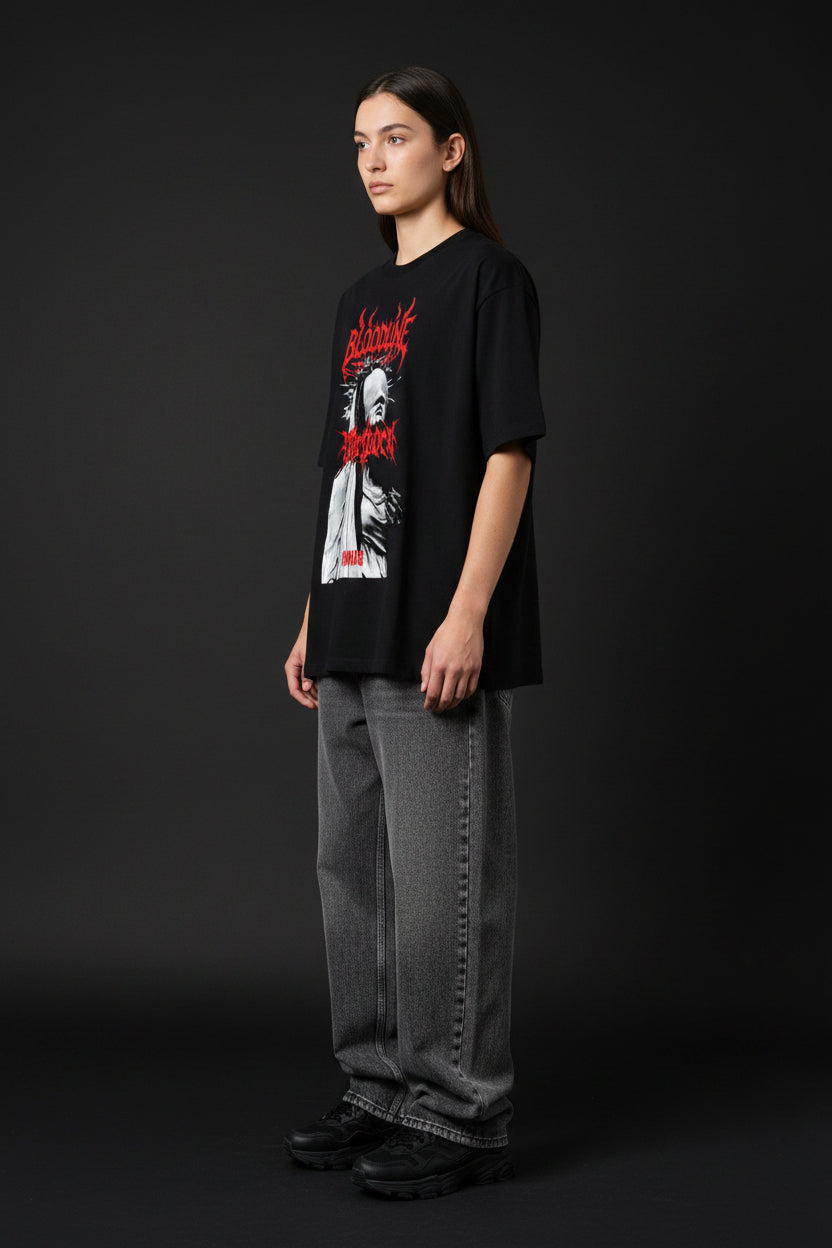 ZotRage black heavyweight cotton oversized t-shirt featuring a red graphic print of a blindfolded figure