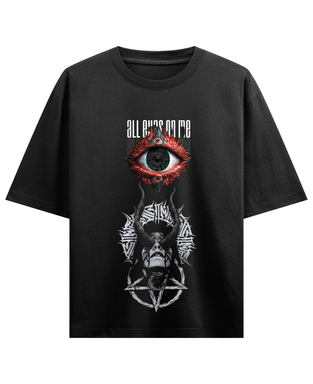 ZotRage black oversized t-shirt featuring a graphic print of a red eye and a horned figure with pentagram symbol