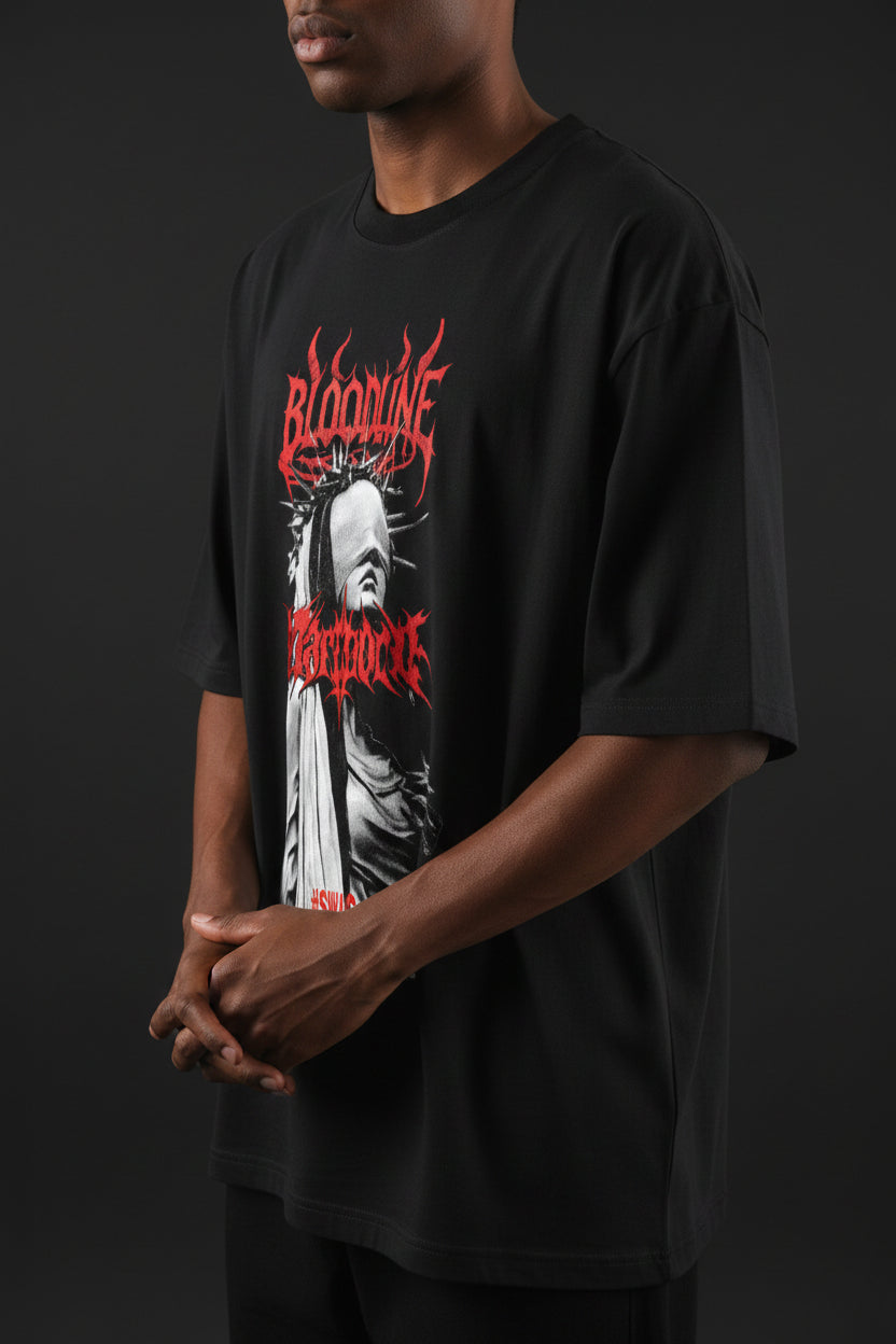 ZotRage black heavyweight cotton oversized t-shirt featuring a red graphic print of a blindfolded figure