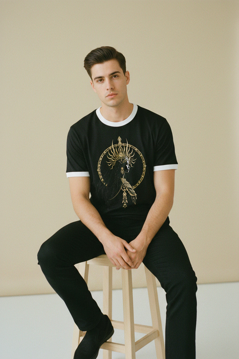 ZotRage black ringer t-shirt with white ribbed neck and golden goddess graphic print in 100% cotton