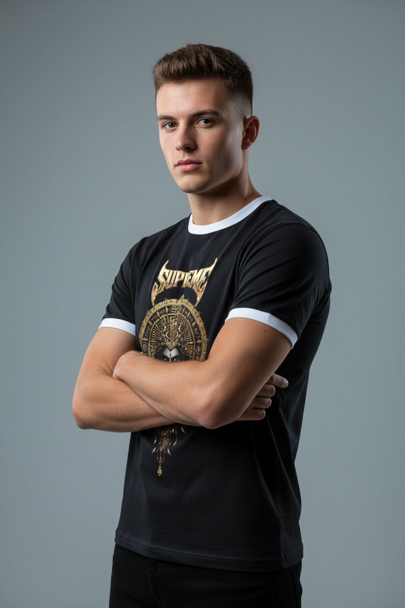 ZotRage black cotton ringer t-shirt with white ribbed neck and gold goddess graphic print