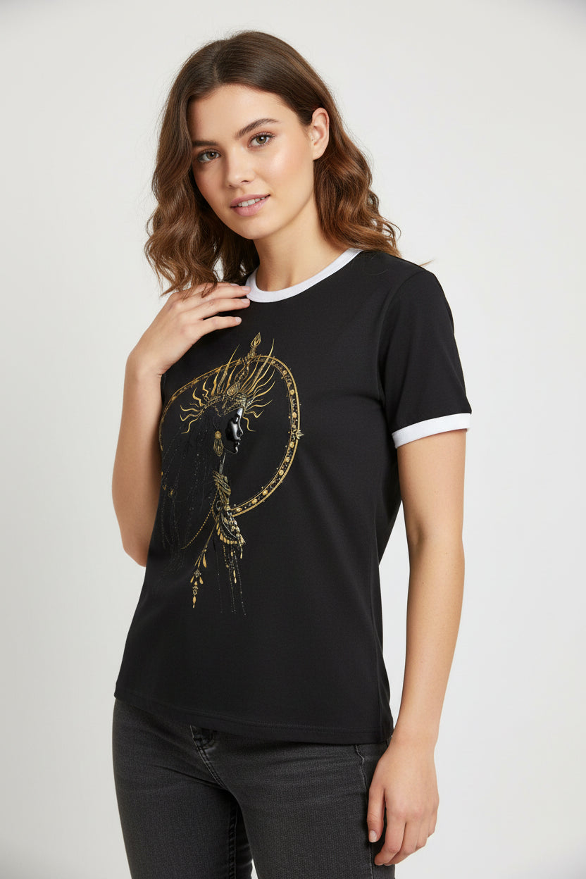 ZotRage black ringer t-shirt with white ribbed neck and golden goddess graphic print in 100% cotton