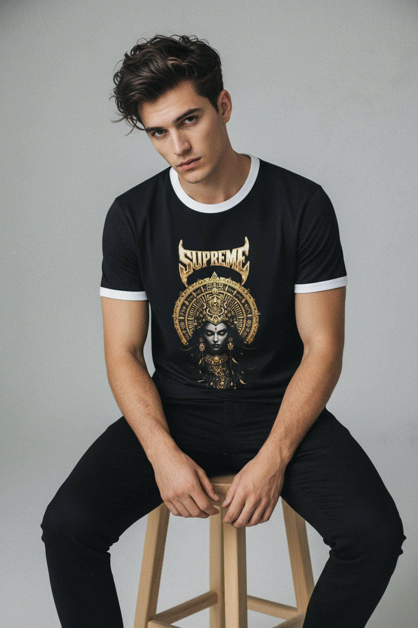 ZotRage black cotton ringer t-shirt with white ribbed neck and gold goddess graphic print