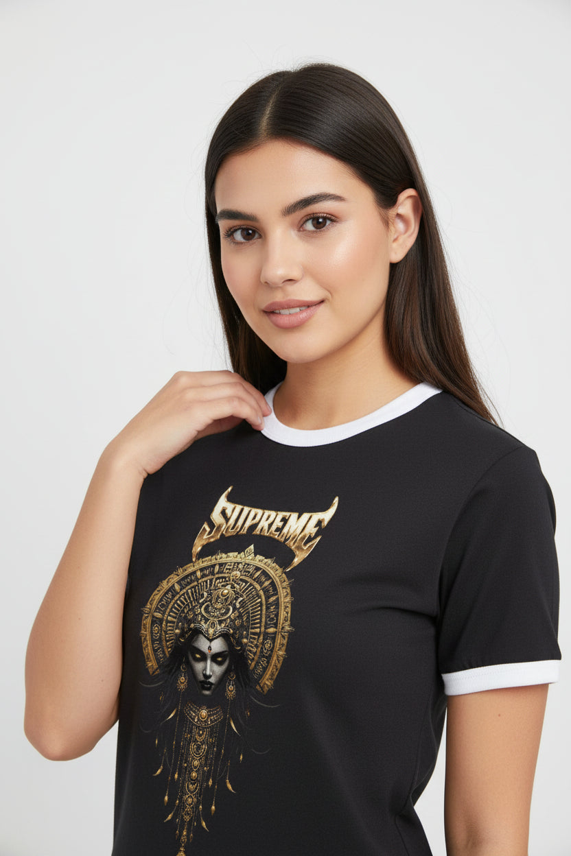 ZotRage black cotton ringer t-shirt with white ribbed neck and gold graphic print of a deity