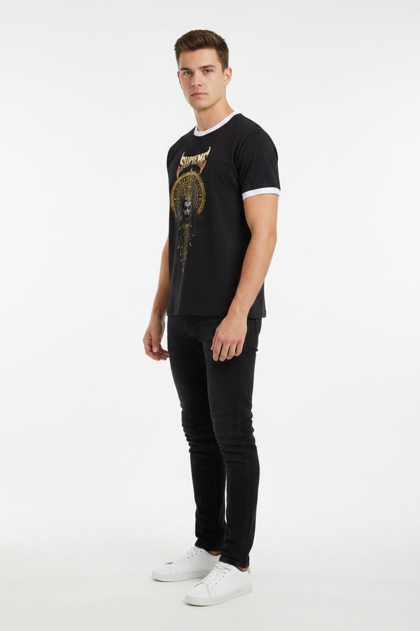 ZotRage black cotton ringer t-shirt with white trim and a gold graphic of a deity on the front