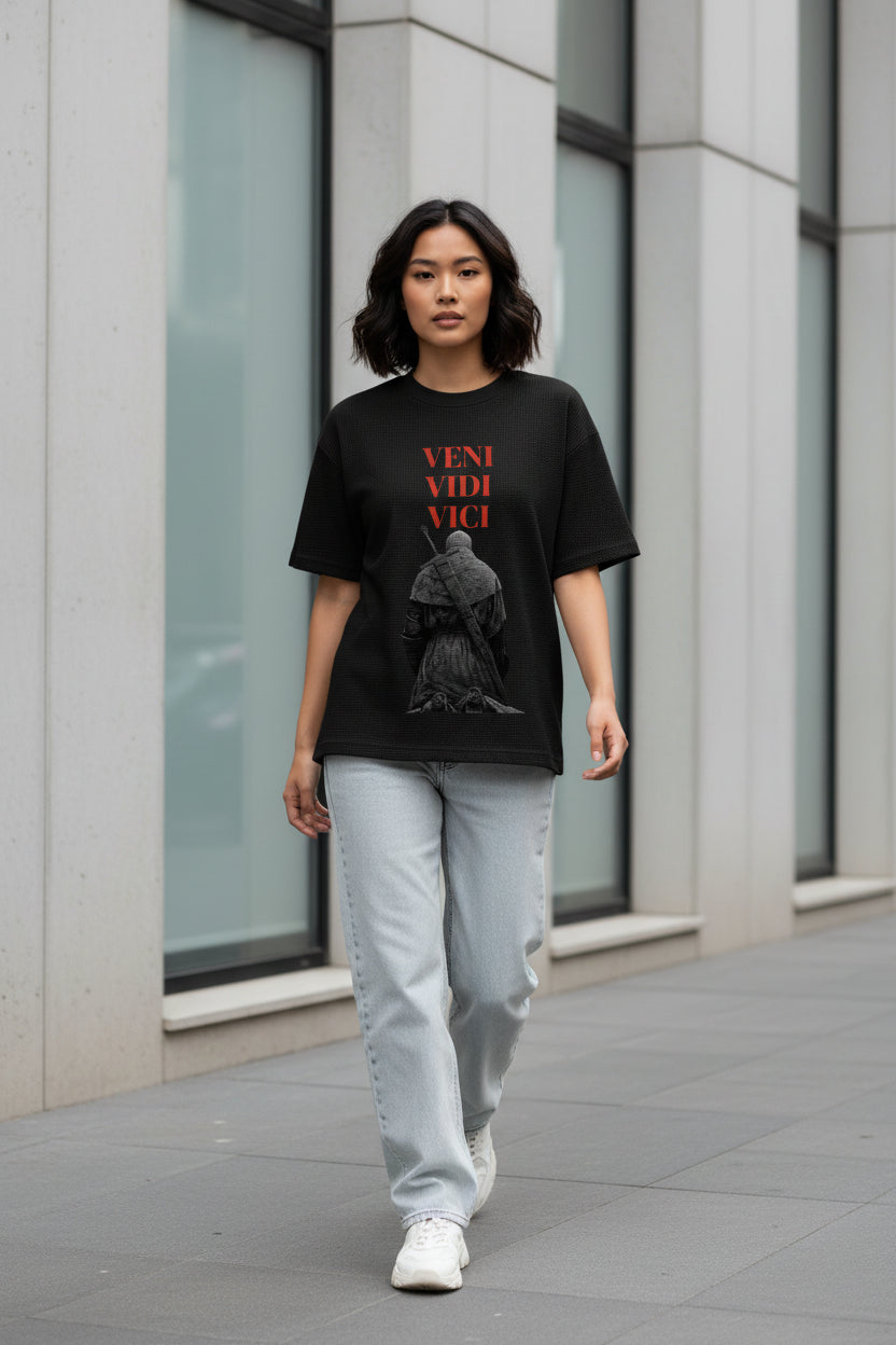 ZotRage black waffle knit boxy fit t-shirt with red Veni Vidi Vici text and a medieval warrior graphic on the front.