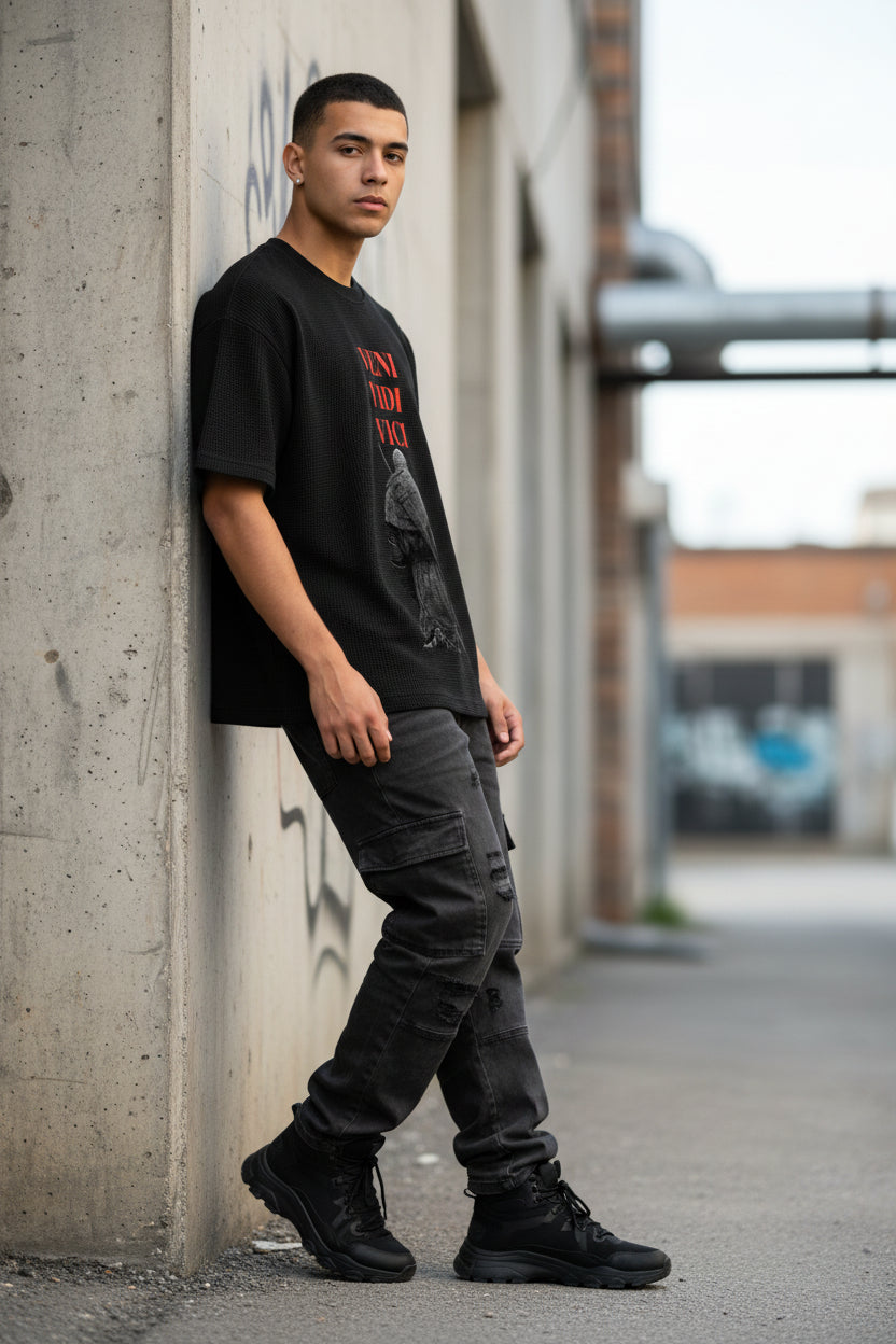 ZotRage black waffle knit boxy t-shirt featuring a graphic print of a knight and red Veni Vidi Vici text.