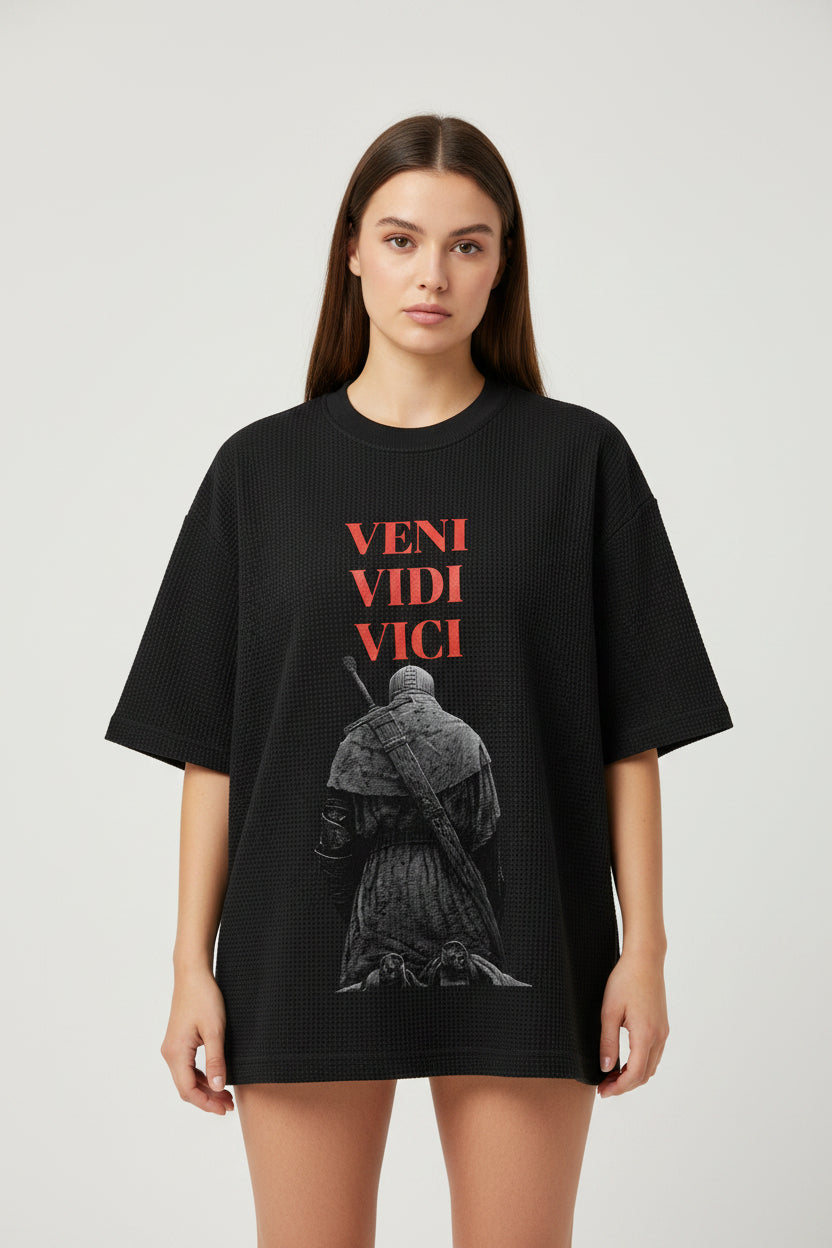 ZotRage black waffle knit boxy t-shirt with red Veni Vidi Vici text and a medieval warrior graphic on the chest.