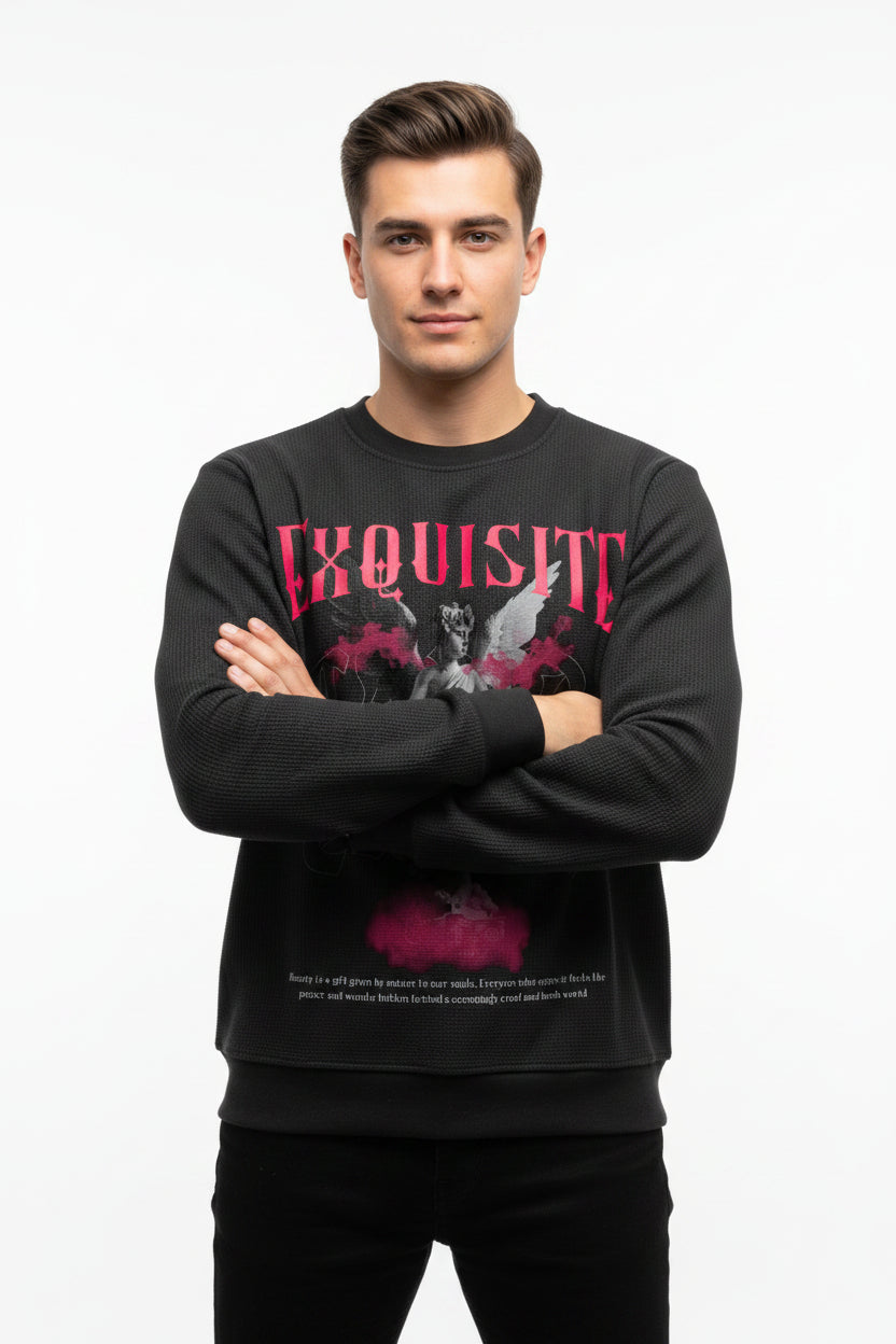ZotRage black waffle knit long sleeve shirt with an oversized fit, featuring a graphic angel print and pink text.