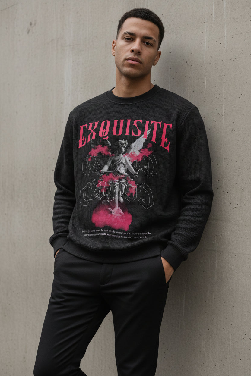 ZotRage black waffle knit long-sleeve shirt with oversized fit, featuring a graphic print of a statue and pink smoke.