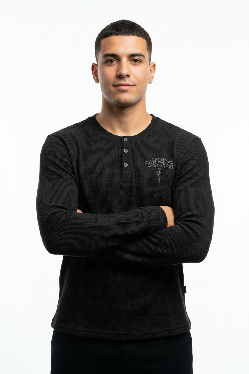 ZotRage black waffle knit Henley shirt with long sleeves, button placket, and Veni Vidi Vici chest embroidery.