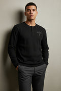ZotRage black waffle knit Henley shirt with long sleeves, button placket, and Veni Vidi Vici chest embroidery.