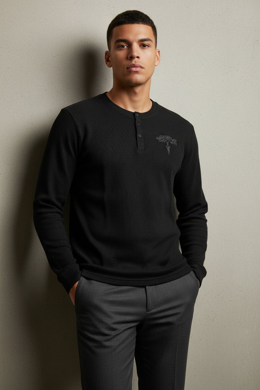 ZotRage black waffle knit Henley shirt with long sleeves, button placket, and Veni Vidi Vici chest embroidery.