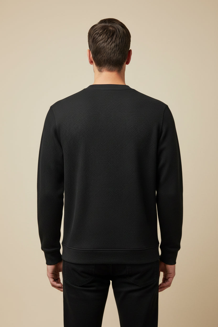 ZotRage black waffle knit long-sleeve shirt with a relaxed oversized fit and textured cotton fabric back view