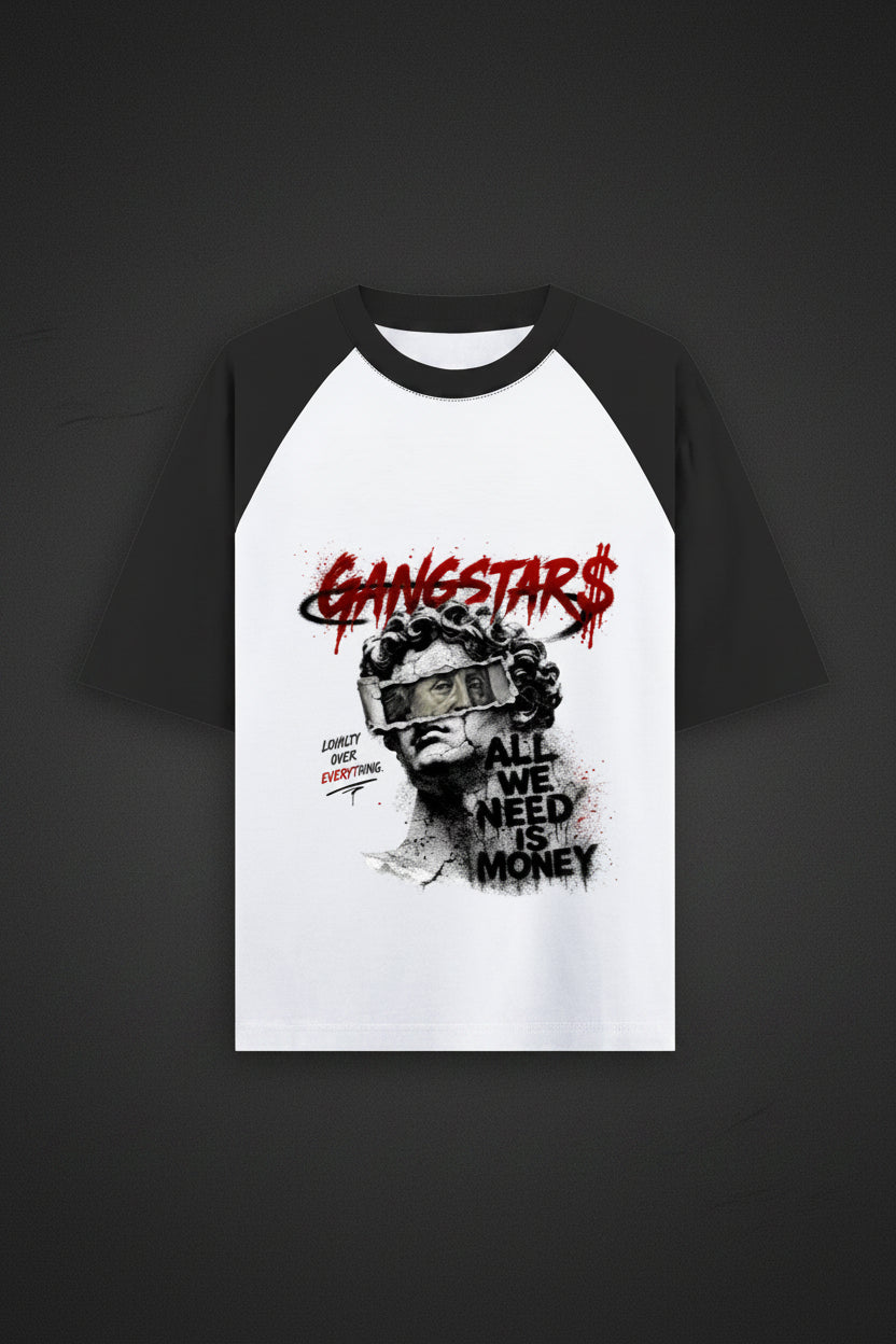 ZotRage black and white oversized raglan t-shirt with graphic print of a statue and Gangstars text on 100% cotton