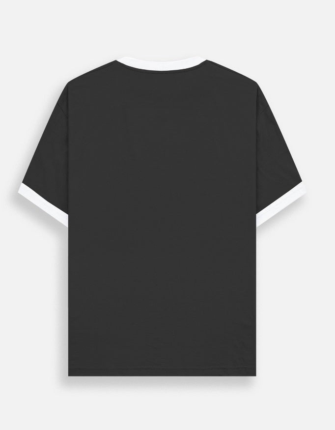 ZotRage black ringer t-shirt with white ribbed neck and sleeve cuffs in 100% cotton, back view