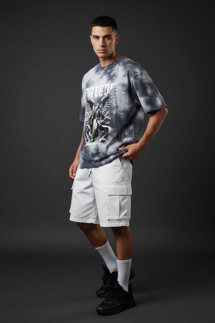 ZotRage oversized black and white tie-dye cotton blend t-shirt featuring a celestial archangel graphic print