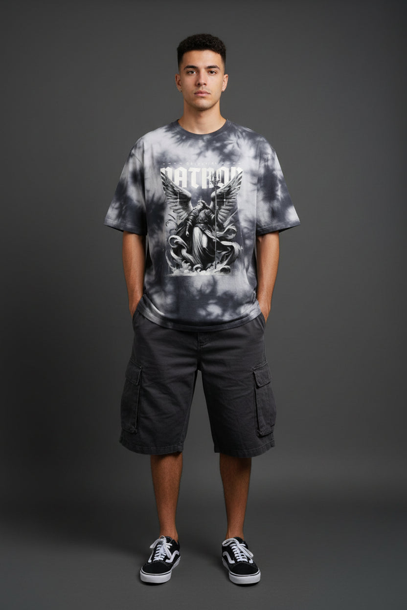 ZotRage oversized black and white tie-dye t-shirt featuring a celestial archangel graphic print on cotton blend