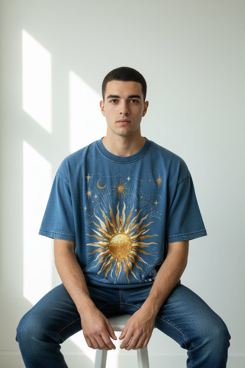 ZotRage blue denim wash boxy fit t-shirt with celestial sun, moon, and jellyfish graphic print on cotton fabric.