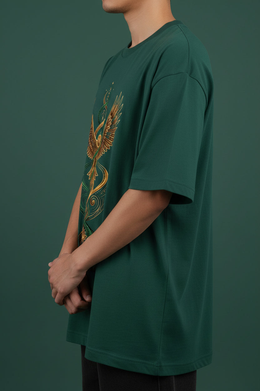 ZotRage bottle green oversized t-shirt featuring a detailed gold and green eagle and serpent graphic print.