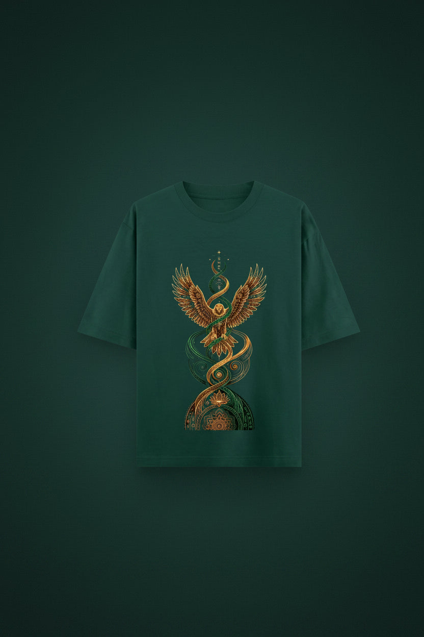 ZotRage bottle green oversized t-shirt featuring a gold and green eagle and serpent graphic print