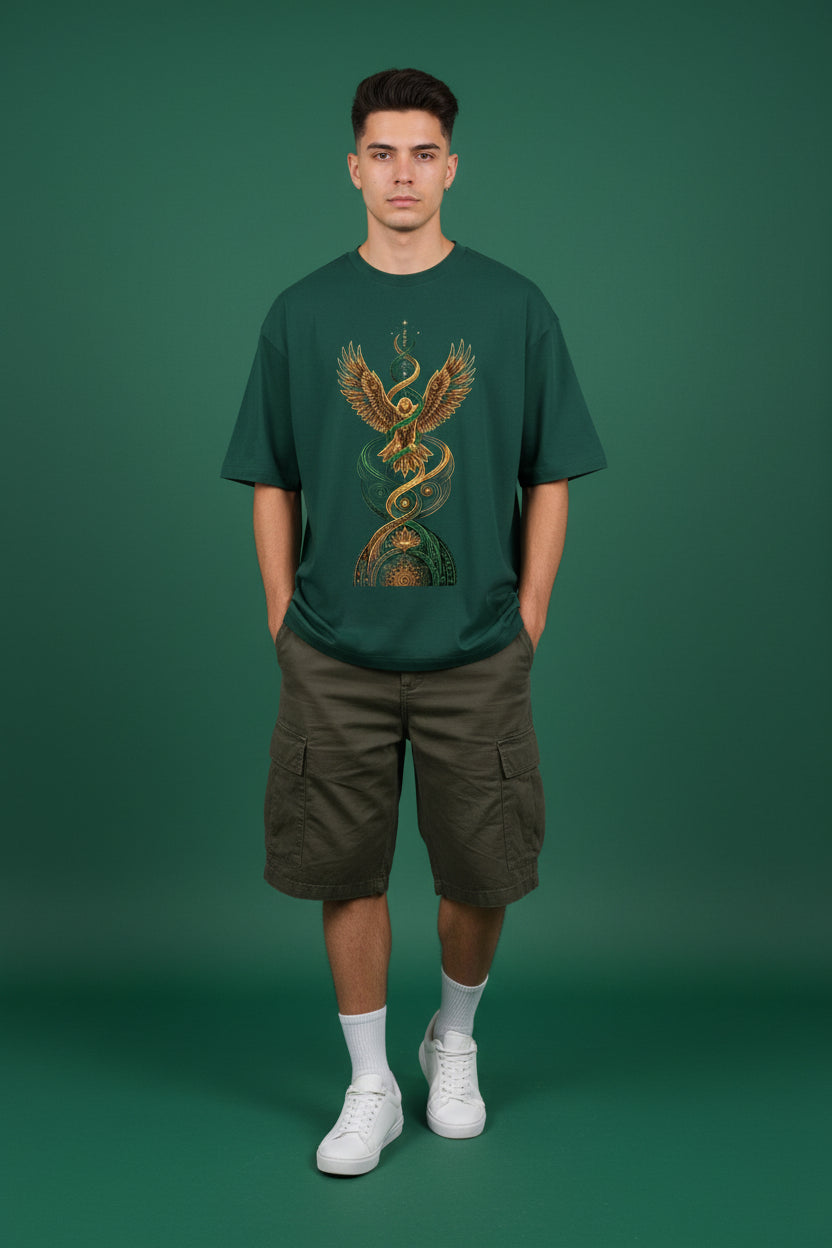 ZotRage bottle green oversized t-shirt featuring a gold and green eagle and serpent graphic print on the front