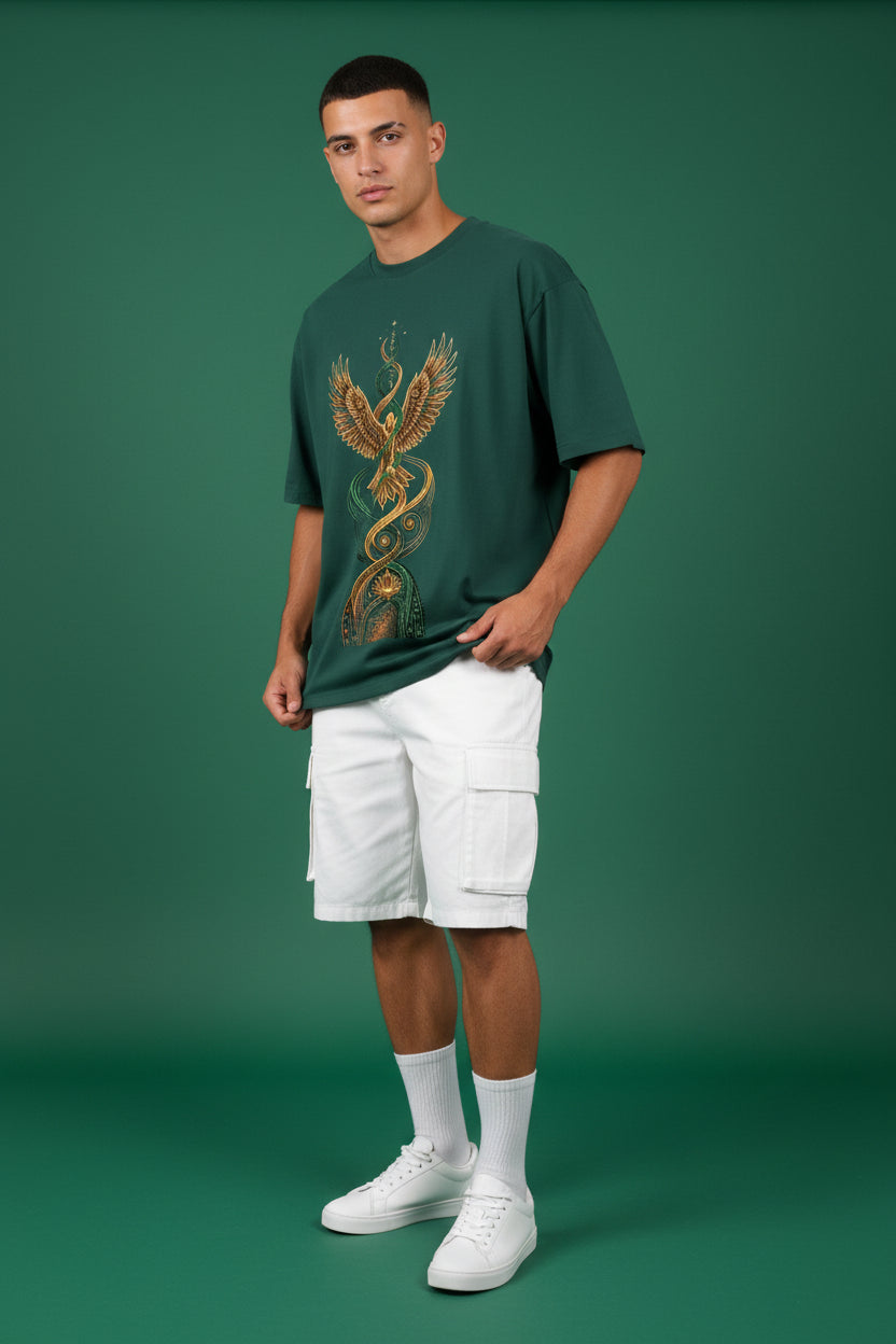ZotRage bottle green oversized t-shirt featuring a detailed gold and green eagle and serpent graphic print.