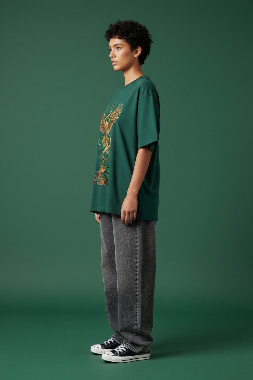 ZotRage bottle green oversized t-shirt featuring a detailed gold and green eagle and serpent graphic print.