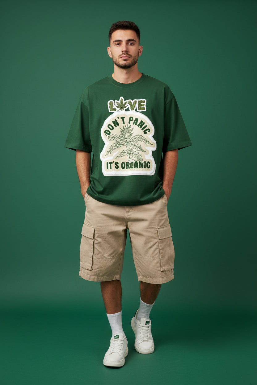 ZotRage bottle green heavyweight cotton oversized t-shirt with Love Don't Panic It's Organic graphic print