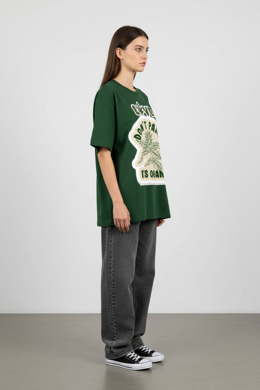 ZotRage bottle green heavyweight cotton oversized t-shirt with Love Don't Panic It's Organic graphic print