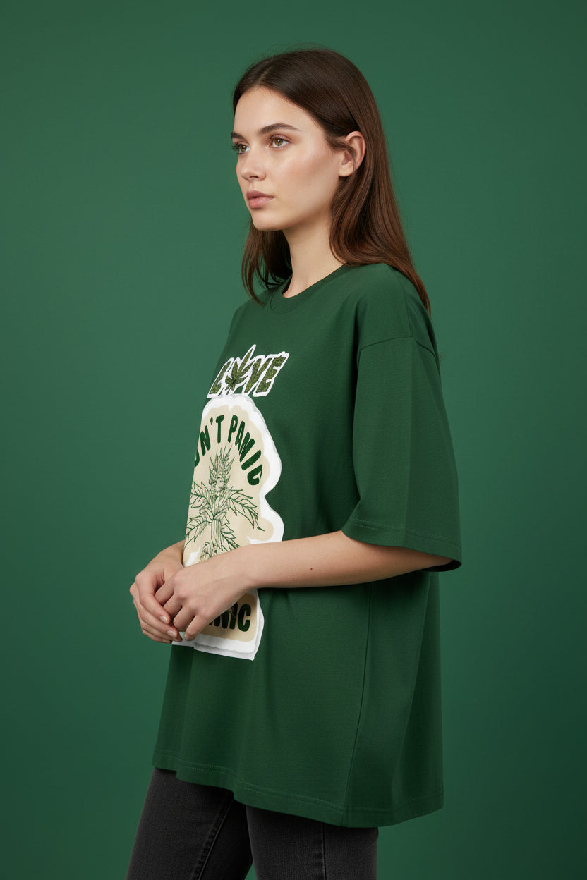 ZotRage bottle green heavyweight cotton oversized t-shirt with Love Don't Panic It's Organic graphic print