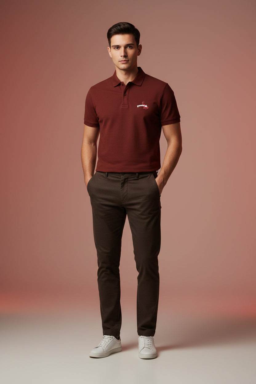 ZotRage brick red 100% cotton Airtex polo shirt with a structured collar and small peacock chest embroidery