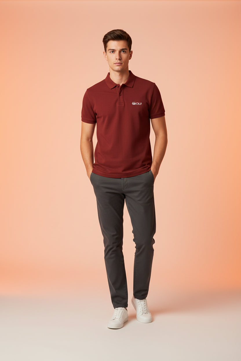 ZotRage brick red cotton polo shirt with textured Airtex fabric, structured collar, and Wolf logo embroidery.