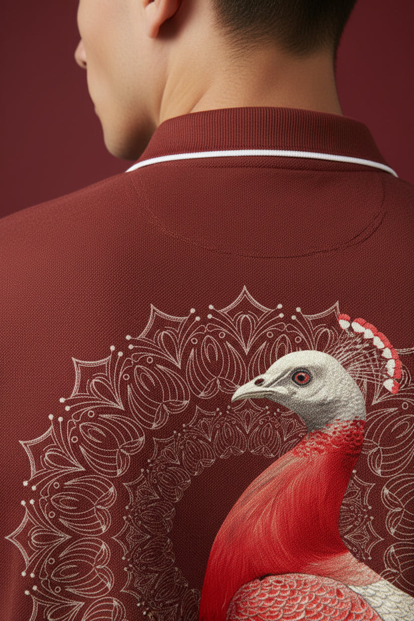 ZotRage brick red cotton polo shirt featuring a detailed peacock and mandala graphic on the back