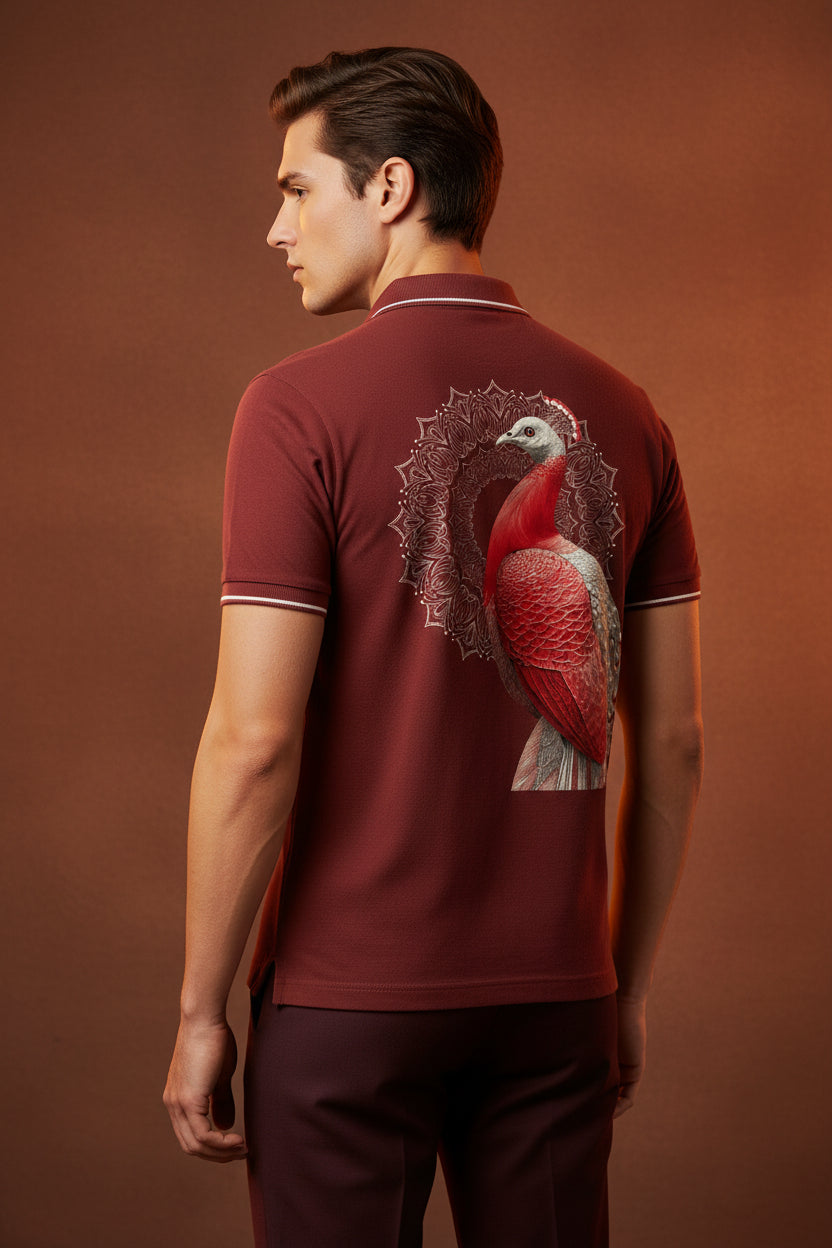 ZotRage brick red cotton polo shirt featuring a detailed peacock and mandala graphic on the back